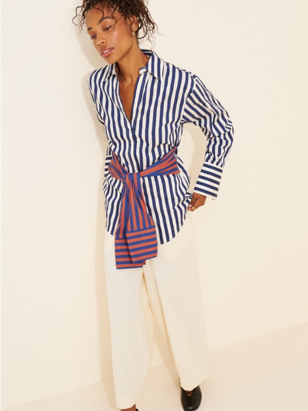 Simon Miller Blue and White Striped Button-Down Shirt with Red-Blue Sash